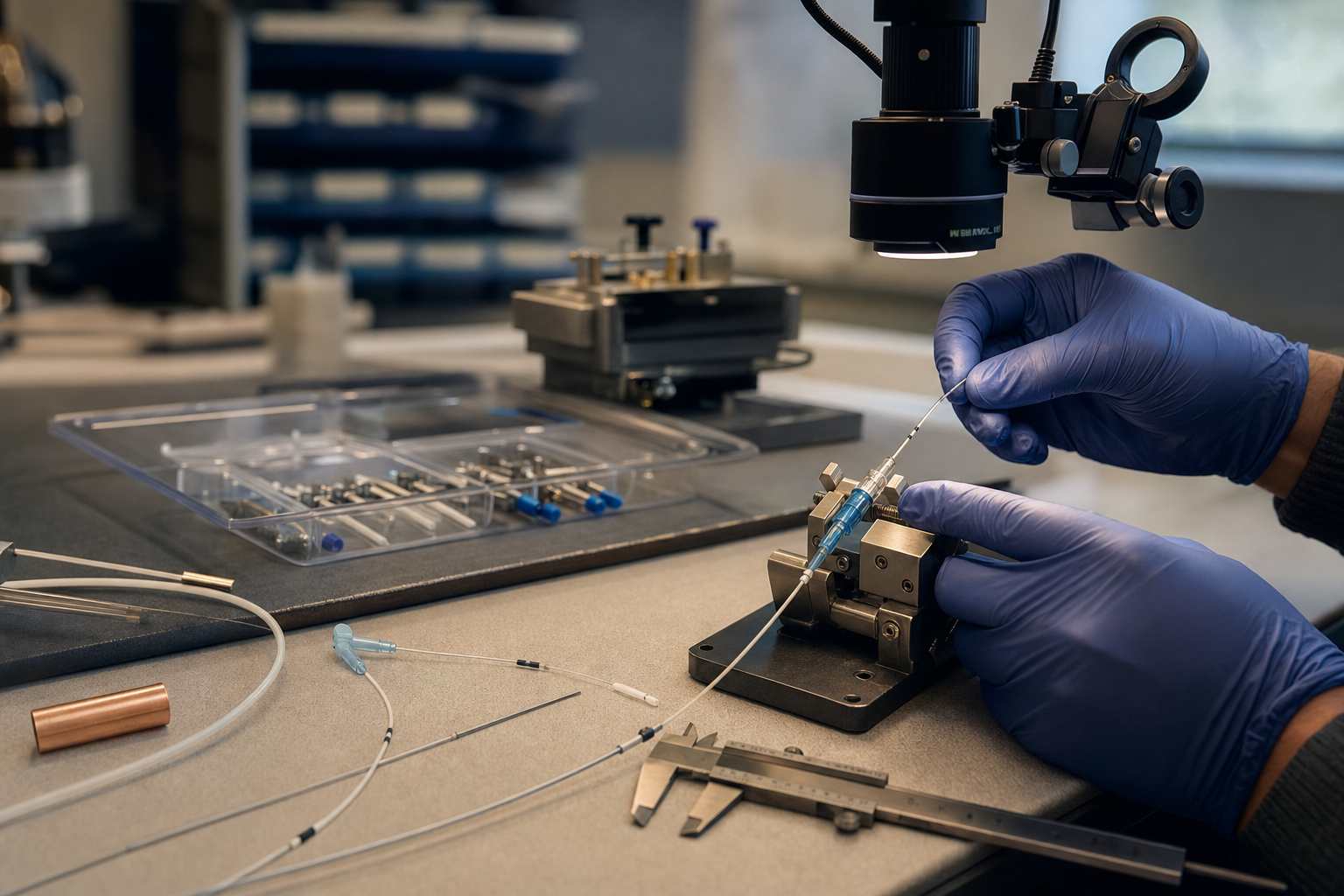 Gloved engineer performing precision catheter prototype assembly at an organized inspection bench